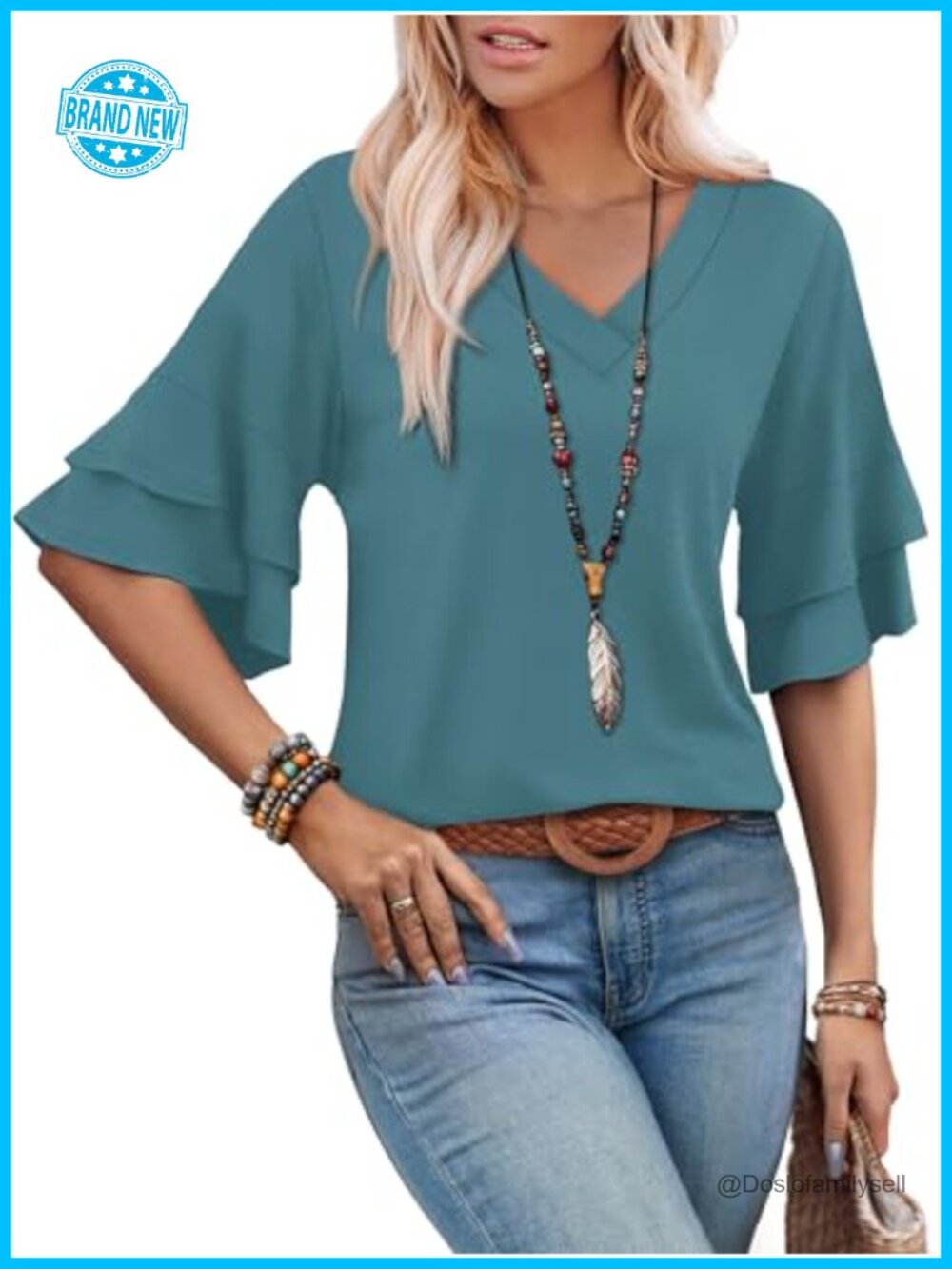 Women's Boho 3/4 Sleeve Blouse V-Neck Dressy Casual Tunic Top